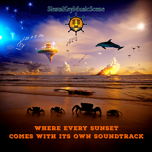 picture of a beach with crabs, dolphins and guitar