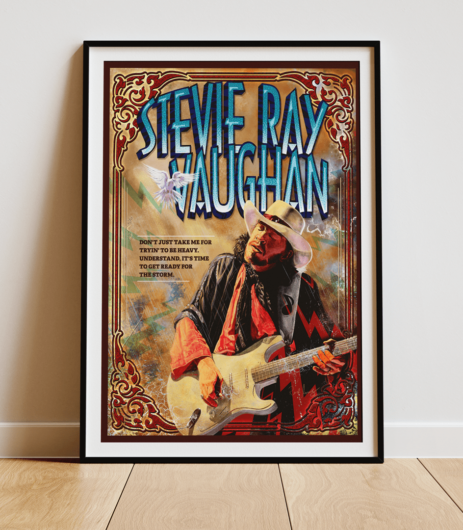 Stevie Ray Vaughan Tribute Poster in a picture frame leaning against a wall