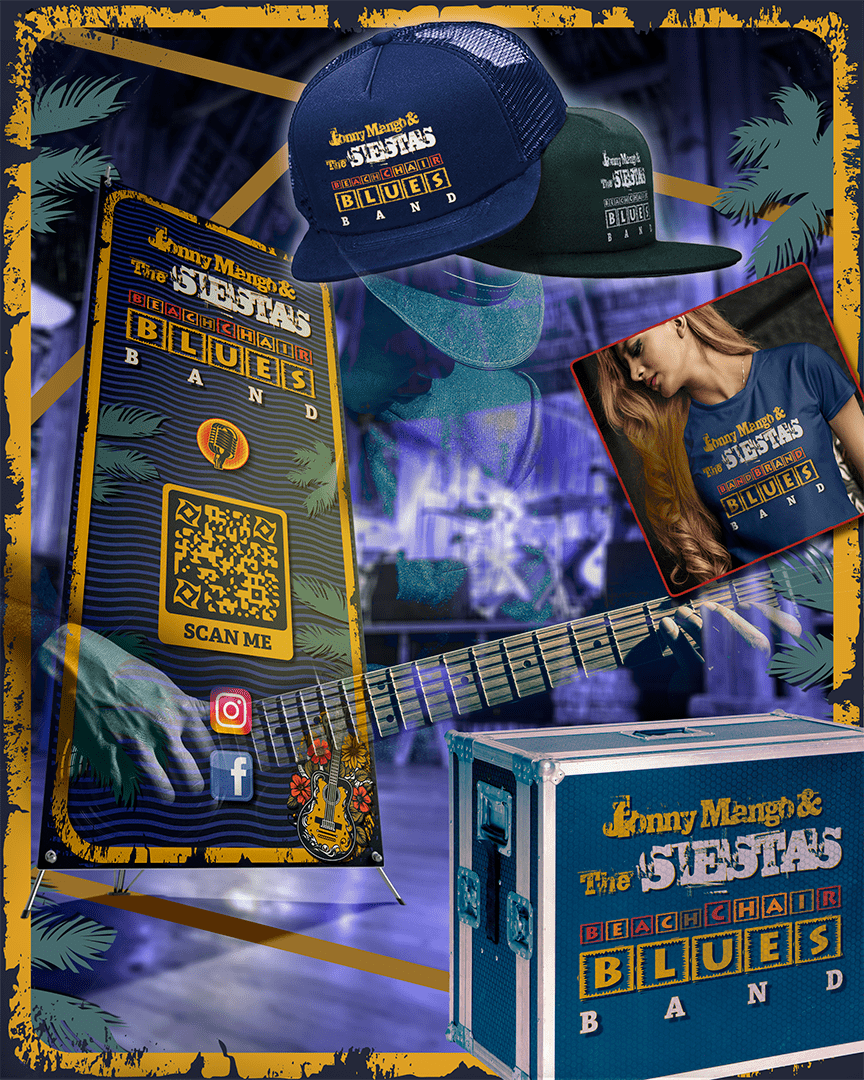 a poster of a guitar and a gear box, band caps, band t-shirt for the The Jonny Mango Project Band Logo Design