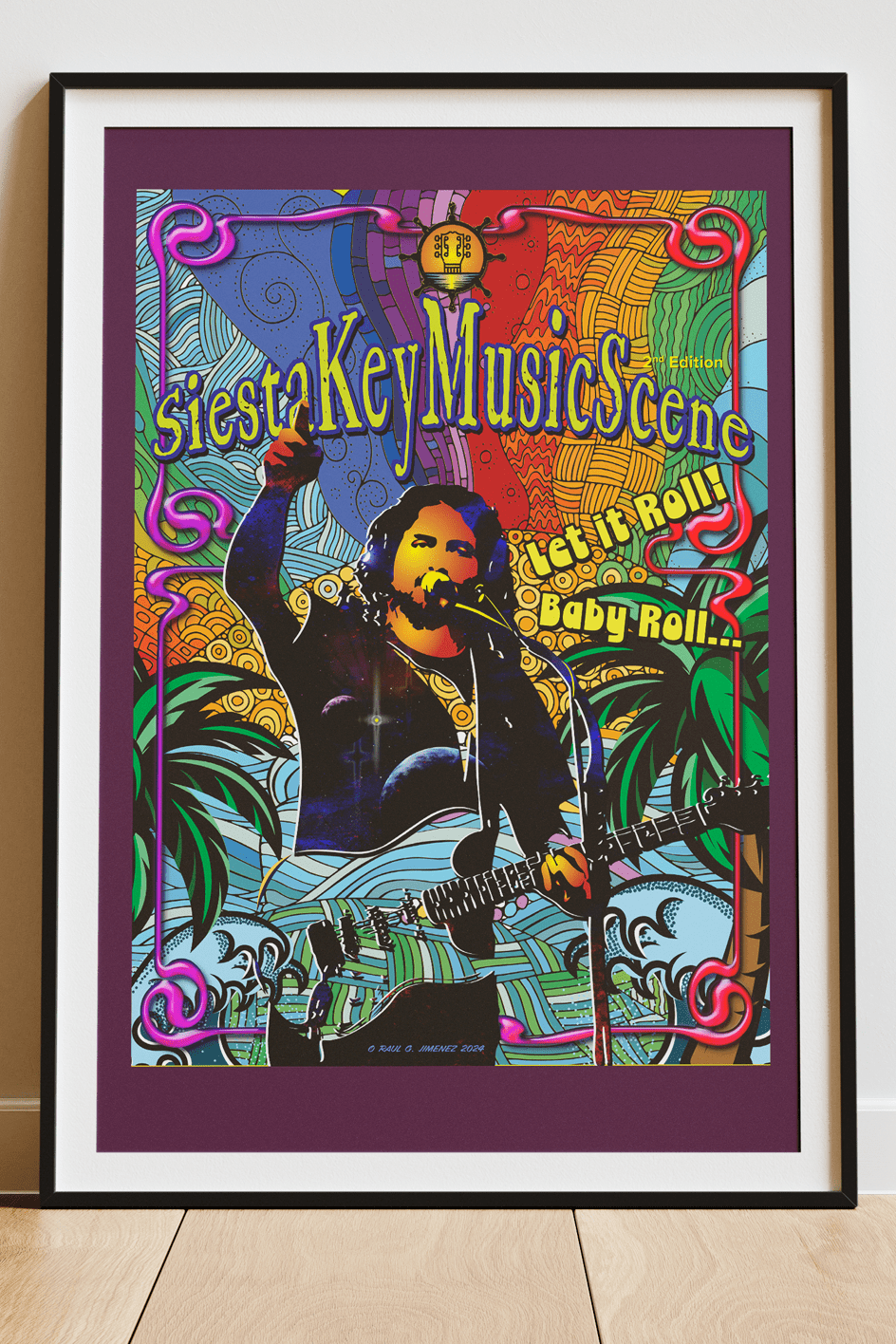 a framed poster of a man singing into a microphone - 2nd Siesta Key Music Scene Print Let it Roll