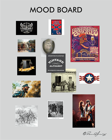 Mood board for the Soundwall Jackson logo featuring classic rock posters, vintage badges, Civil War imagery, typography samples, and live performance photos used to set the visual tone.