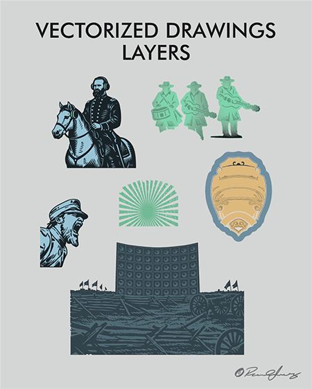 Vectorized drawing layers for the Soundwall Jackson badge including the general on horseback, shouting soldier, speaker wall, battlefield foreground, badge frame, sunburst, and supporting character silhouettes.