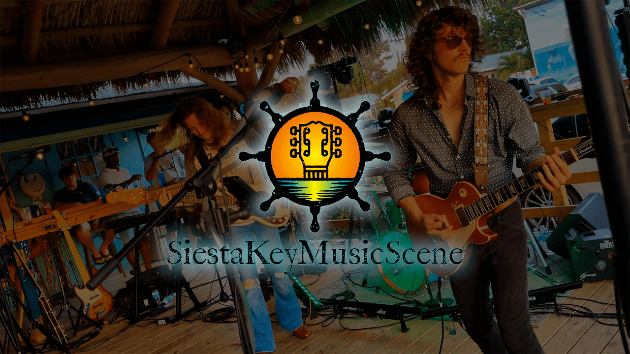 motion reel 3 Live band Ellipsis performing on an outdoor tiki‑style stage in Siesta Key Village, with the Siesta Key Music Scene sunset logo and text overlayed across the center of the image.