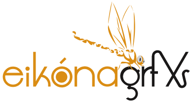 EikonaGrfxs logo in gold and black lettering with a stylized gold dragonfly above the name